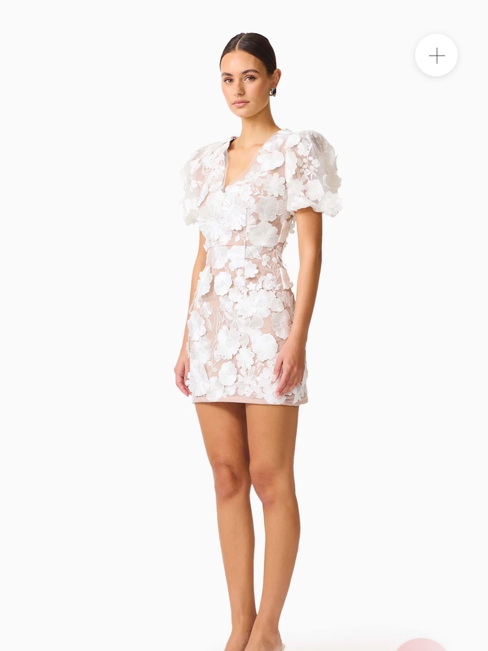 Elliatt - Floral Appliqué Puff-Sleeve Mini Dress - White - Bridal